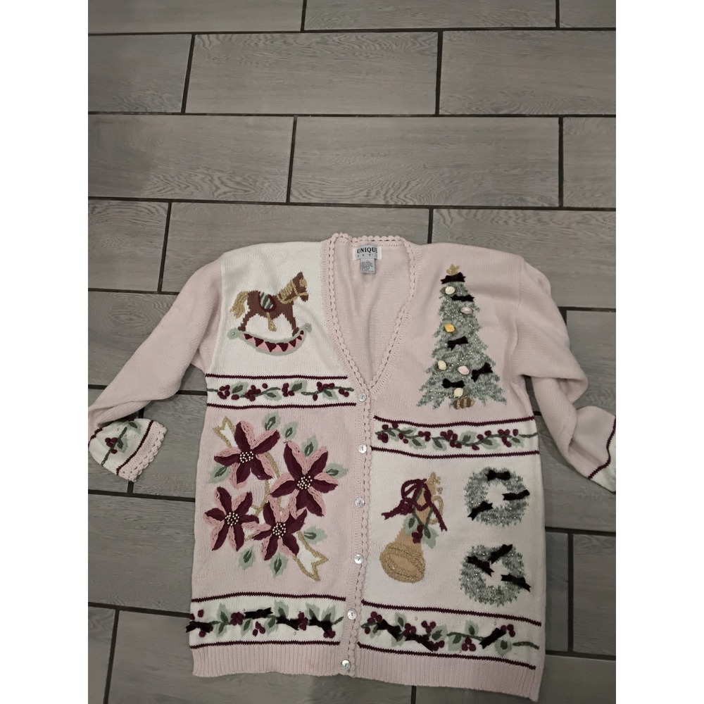 Unique Knit Women's Christmas Cardigan Sweater Rocking Horse‎ Tree Poinsettia -L - Picture 10 of 10